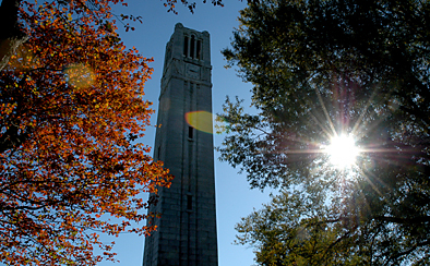 Memorial Belltower amid fall foliage