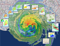 Colorized satellite image of hurricane Katrina with analysis charts