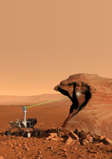 An artist's conception of the ChemCam laser in action on the rover.