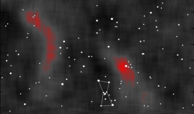 An international team of researchers, using the Laboratory's Milagro Observatory, has seen for the first time two distinct hot spots that appear to be bombarding Earth with an excess of cosmic rays. The hot spots were identified in the two red-colored regions near the constellation Orion.