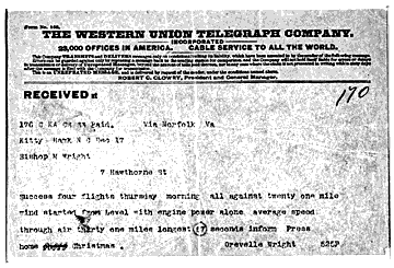 Telegram from Orville Wright announcing the first successful powered flight