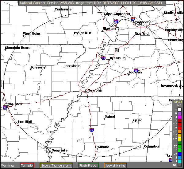 Click for latest One Hour Precipitation radar loop from the Memphis, TN radar and current weather warnings