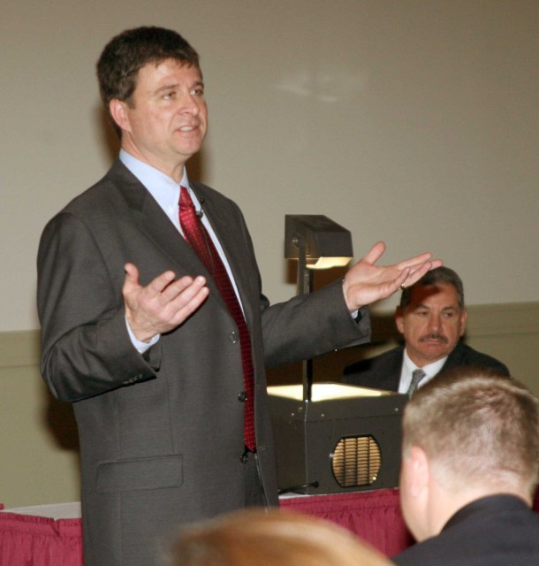 Acquisition Services Management Division Leader Kevin Chalmers talking to regional Chambers of Commerce directors and other business leaders Thursday morning in Pojoaque. Chalmers spoke about next week's business forum and other Laboratory business initiatives. He also recently attended San Ildefonso Pueblo's feast day as a guest of Gov. James Mountain.