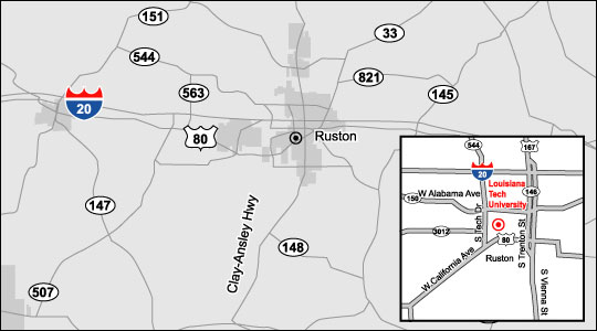 Map of Ruston area with inset map showing location of ERC at Louisiana Tech