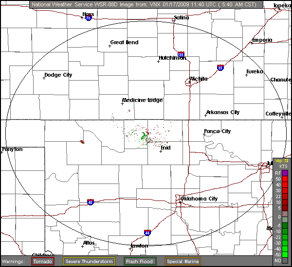 Click for latest Storm Relative Motion radar loop from the Vance Air Force Base, OK radar and current weather warnings