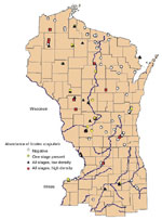 Figure 1. Geographic distribution of study sites ranked by abundance of Ixodes scapularis in Wisconsin, northern Illinois, and Menominee County in Michigan.