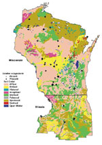 Figure 4. Map of soil orders in Wisconsin and northern Illinois, overlaid with tick study sites.