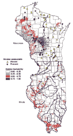 Figure 5: Predictive risk map of habitat suitability for Ixodes scapularis in Wisconsin and Illinois.