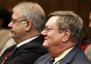 Foster, left, and Jameson listened as Bucher described their roles in the realigned NTP. Both scientists addressed the Board later in the meeting.