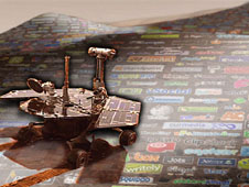 montage showing an artist concept of the Mars Exploration Rovers along with social-networking sites.