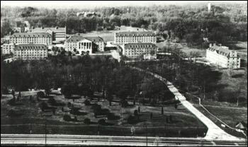 Photograph of NIH campus, about 1947. NCI "Building 6" is on the right