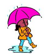 child walking in the rain holding an umbrella over her head