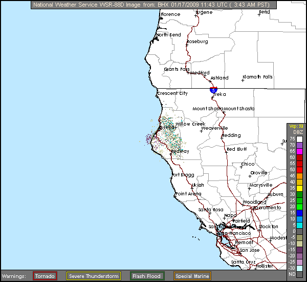 Click for latest Long Range Base Reflectivity radar image from the Eureka, CA radar and current weather warnings