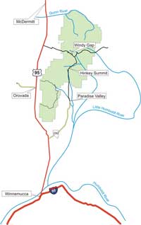 Road map displaying the highways and roads in the Hinkey Summit area.