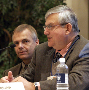 Jirtle, right, used the software/hardware analogy to illustrate the role of the role of epigenetics in regulating expression of the genome as Wiesner looked on.