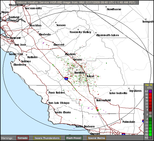Click for latest Storm Relative Motion radar image from the San Joaquin Valley, CA radar and current weather warnings