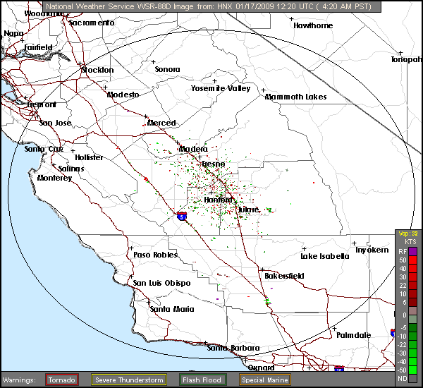 Click for latest Storm Relative Motion radar loop from the San Joaquin Valley, CA radar and current weather warnings