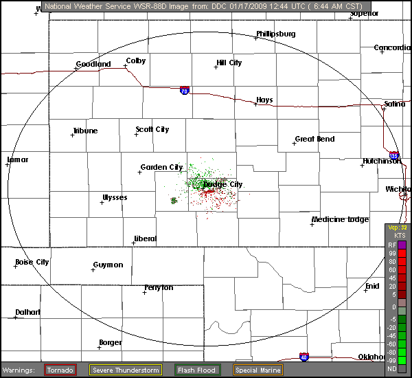 Click for latest Base Velocity radar loop from the Dodge City, KS radar and current weather warnings