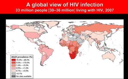 A map of the world indicating in various colors, where the greatest prevalence of adult HIV infection is. Title is: 'A global view of HIV infection', in white letters on a red background.