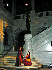 Soprano Carmen Pelton (left) and actress Donnah Welby portray different aspects of Clytemnestra's character in the premiere of Roger Reynolds's Justice.