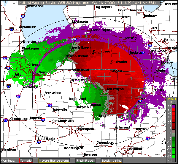 Click for latest Storm Relative Motion radar loop from the Northern Indiana radar and current weather warnings