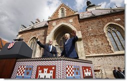 President George W. Bush and Prime Minister Ivo Sanader of Croatia, wave to the thousands who flocked to St. Mark's Square in downtown Zagreb Saturday, April 5, 2008, to see and hear the U.S. President. White House photo by Eric Draper