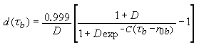 Figure 41. Equation.  Brittle damage small D of tau.  Lowercase D as a function of tau is equal to the product of the quotient of 0.999 over D, and the quantity of the quotient of the sum of 1 and D all over the sum of 1 plus the product of D and the exponential of negative C times left parenthesis tau minus lowercase R subscript 0 right parentheses.