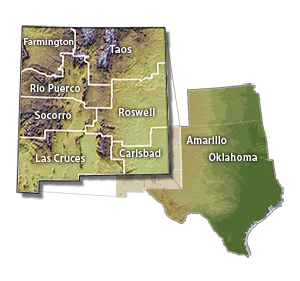 Map of New Mexico, Oklahoma, Texas and Kansas