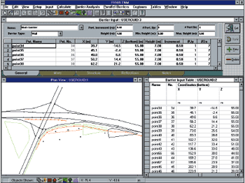 This screen capture of TNM shows the menu bar, tool bar, a plan view of an example case, an input dialog, and an output table. 