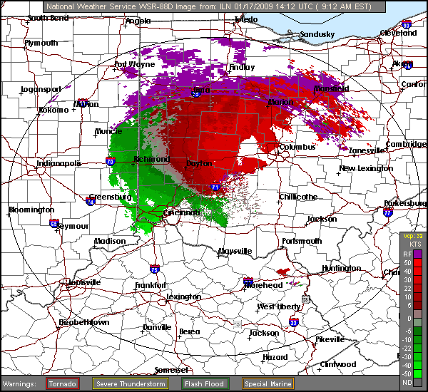 Click for latest Storm Relative Motion radar loop from the Wilmington, OH radar and current weather warnings