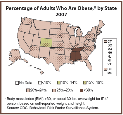 Map showing percentage of adults who are obese by state 2007, text description available below