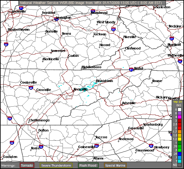 Click for latest One Hour Precipitation radar image from the Knoxville/Tri Cities, TN radar and current weather warnings