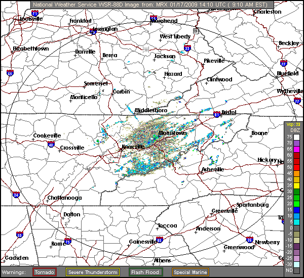 Click for latest Composite Reflectivity radar loop from the Knoxville/Tri Cities, TN radar and current weather warnings