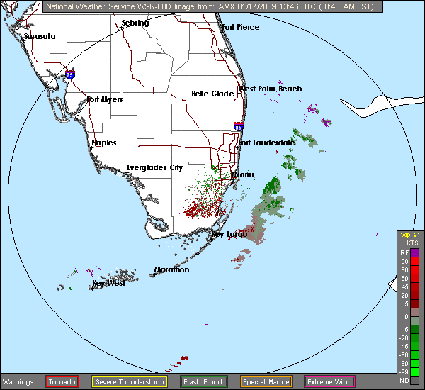 Click for latest Base Velocity radar image from the Miami, FL radar and current weather warnings