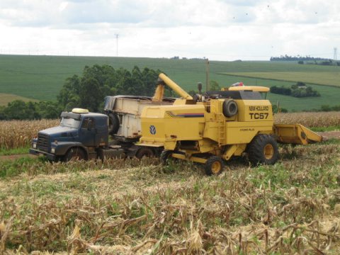 Photo of combine and truck used in corn harvest in Parana.