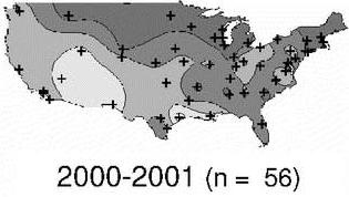 2000-2001 (56 labs participated) peak activity usually begins in the Southwest during November–December and spreads to the Northeast by April–May