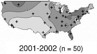 2001-2002 (50 labs participated) peak activity usually begins in the Southwest during November–December and spreads to the Northeast by April–May