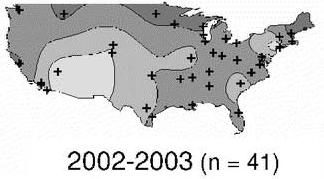 2002-2003 (41 labs participated) peak activity usually begins in the Southwest during November–December and spreads to the Northeast by April–May