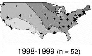 1998-1999 (52 labs participated) peak activity usually begins in the Southwest during November–December and spreads to the Northeast by April–May