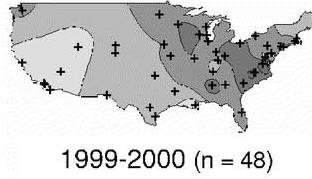 1999-2000 (48 labs participated) peak activity usually begins in the Southwest during November–December and spreads to the Northeast by April–May