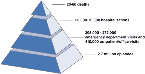 20-60 deaths; 55,000-70,000 hospitalizations; 205,000-272,000 emergency department visits and 410,000 outpatient/office visits; 2.7 million episodes