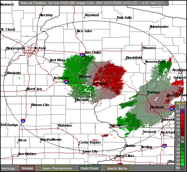 Click for latest Base Velocity radar loop from the La Crosse, WI radar and current weather warnings