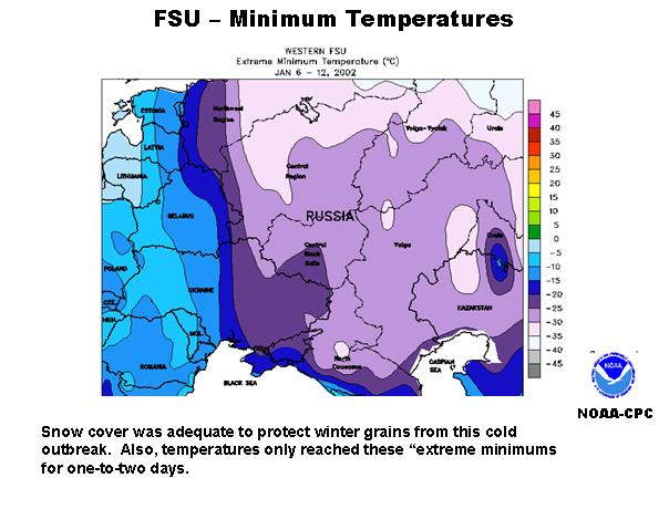 Map showing Minimum Temperatures across the FSU for January 6 - 12, 2002.
