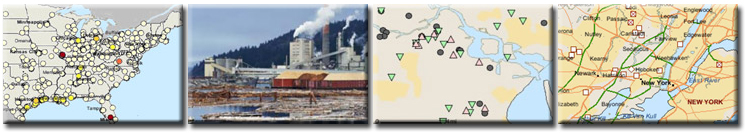 four images, of a map image, an industry, a TOXMAP trends map,a TOXMAP Superfund map