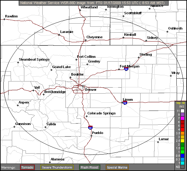 Click for latest Storm Total Precipitation radar loop from the Denver/Boulder, CO radar and current weather warnings