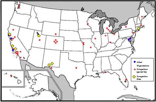 US Map locations of competitiors, competitions and organizers