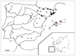Figure 1. Map showing the localities in Spain where bats have been analyzed....