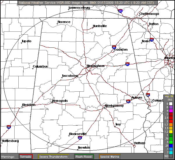 Click for latest One Hour Precipitation radar image from the Birmingham, AL radar and current weather warnings