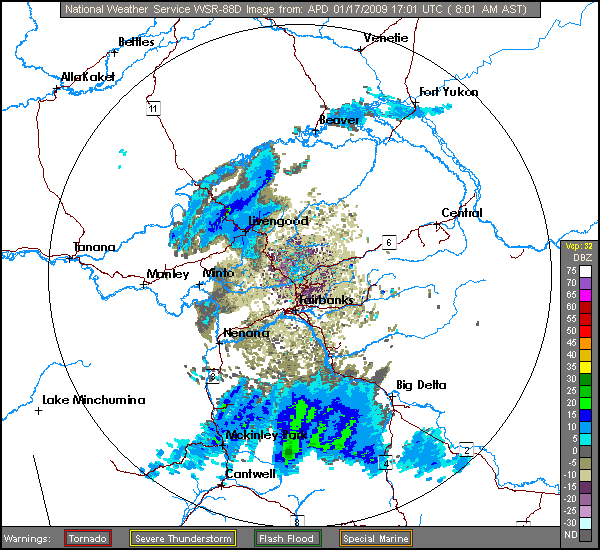 Click for latest Composite Reflectivity radar loop from the Pedro Dome, AK radar and current weather warnings