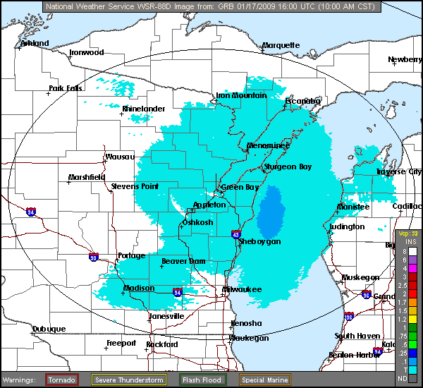Click for latest One Hour Precipitation radar image from the Green Bay, WI radar and current weather warnings